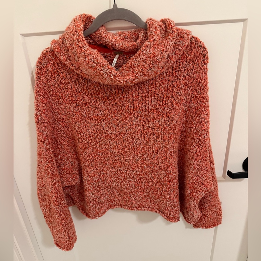Free People Bouclé Knit Cowl Neck Sweater XS Orange Cozy Chunky Pullover - Picture 2 of 5